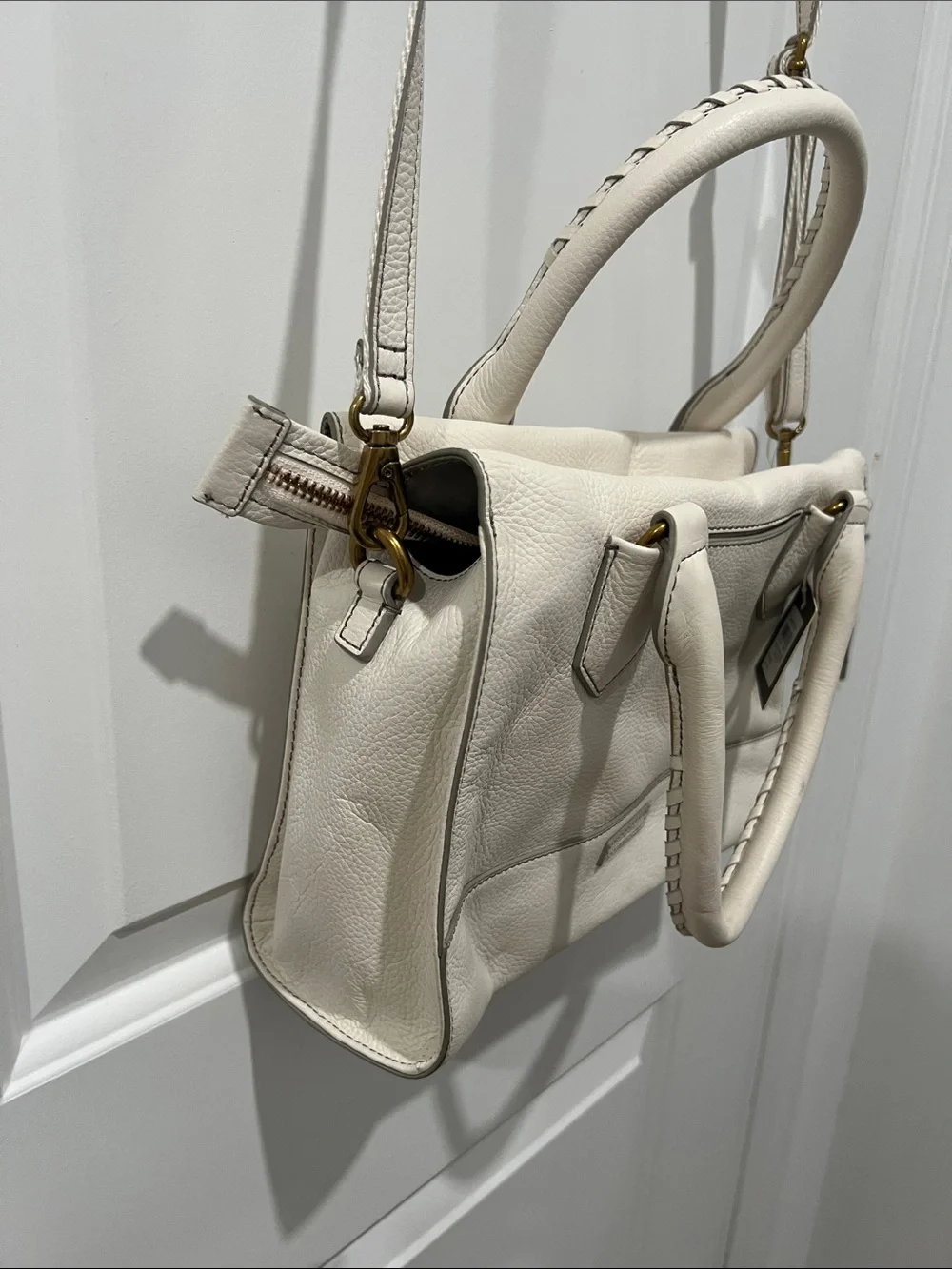 Fossil Cream Leather Trinity Satchel with Braided Top Handle NWT